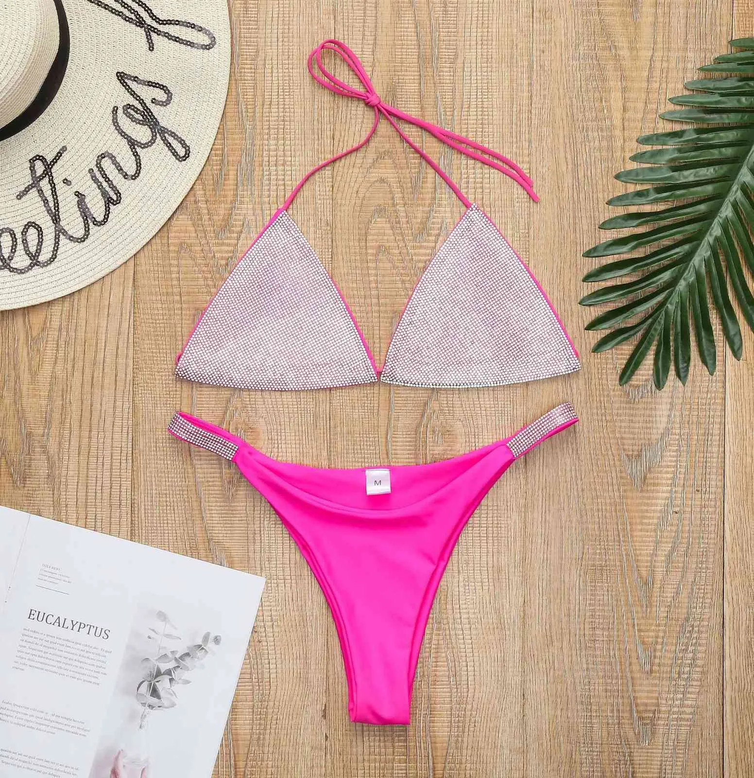 Sexy Halterneck Shiny Swimwear 2 Peily Set Donne Lace Up Sequin Bikini Bikini a vita bassa Triangle Spinge Bathing Woman Swimsuit 210621