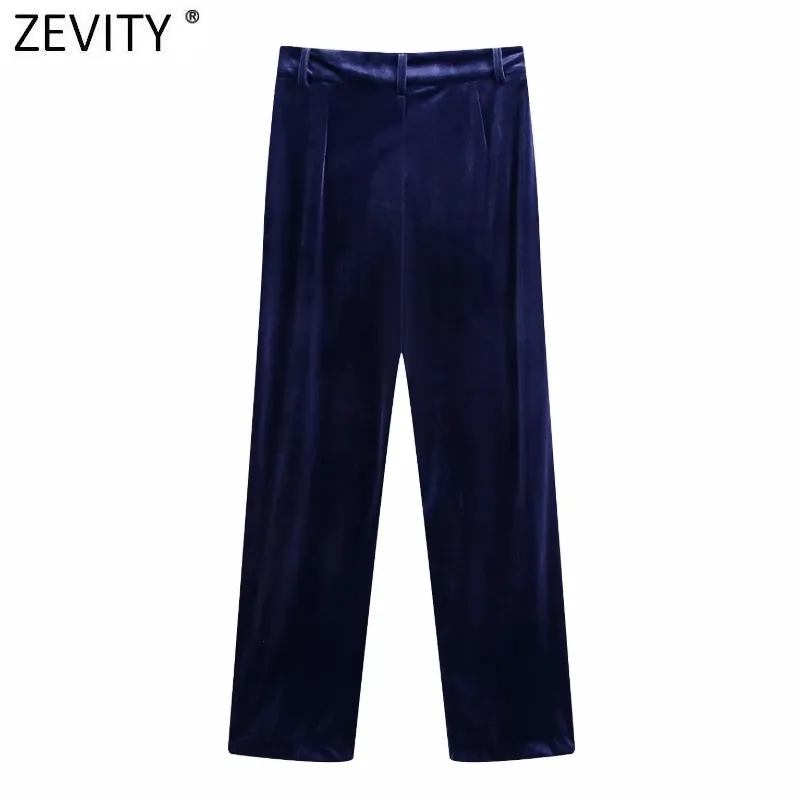 Femmes Vintage Solid Color Velvet Pantalon droit Pyjama Femme Chic Zipper Fly Side Split Casual Slim Long Pantalon P970 210416