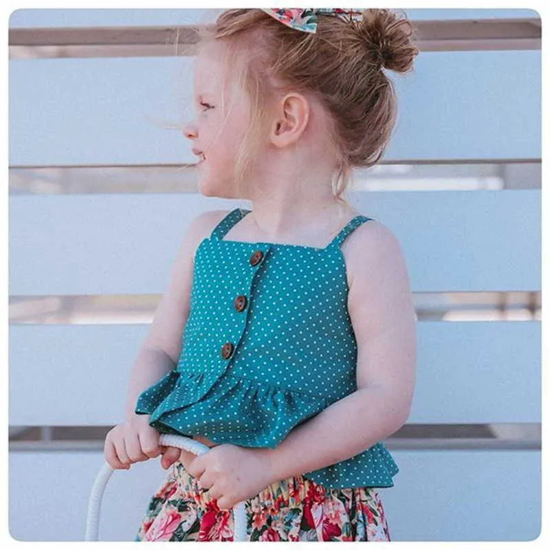 Retail Summer Baby Girl Sets Cute Dot Green Tops + FloralSkirt Fashion Outfits Children Clothing XM008 210610