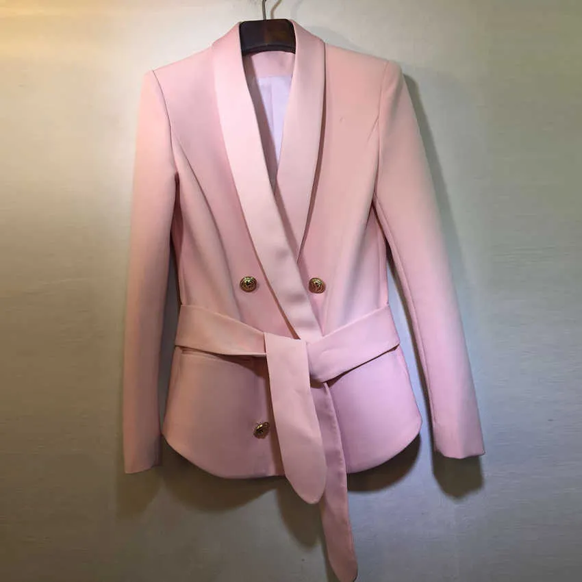 EXCELLENT QUALITY Stylish Career Blazer For Women Shawl Collar Lion Buttons Lacing Belt Jacket 210930