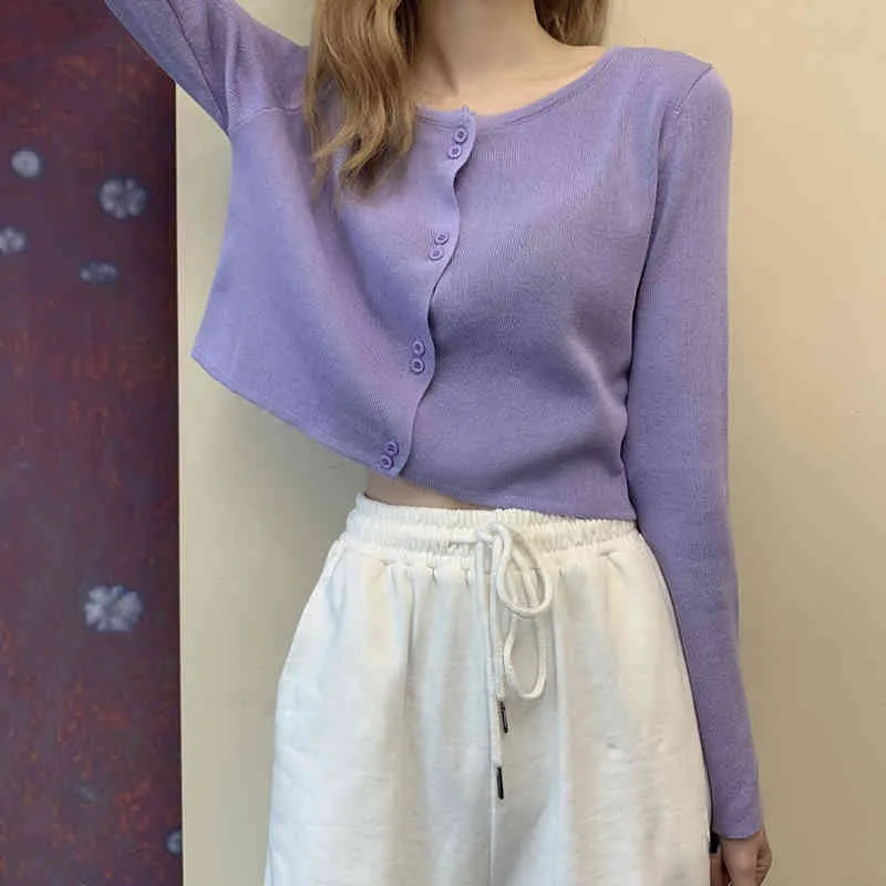 Kawaii Cropped Cardigans Women Knit Crop Sweater Top purple Black Sexy s Cute Knitted Vintage Korean GD347 210506