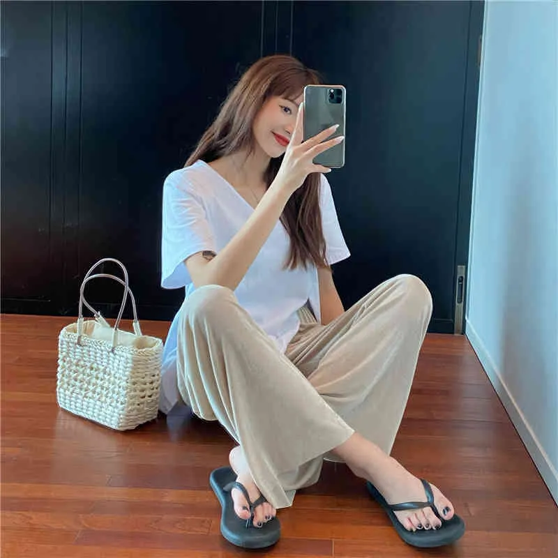 Koreaanse wijde been broek effen losse zomer rechte casual chic comfortabele allemaal match elastische slanke femme broek 210421