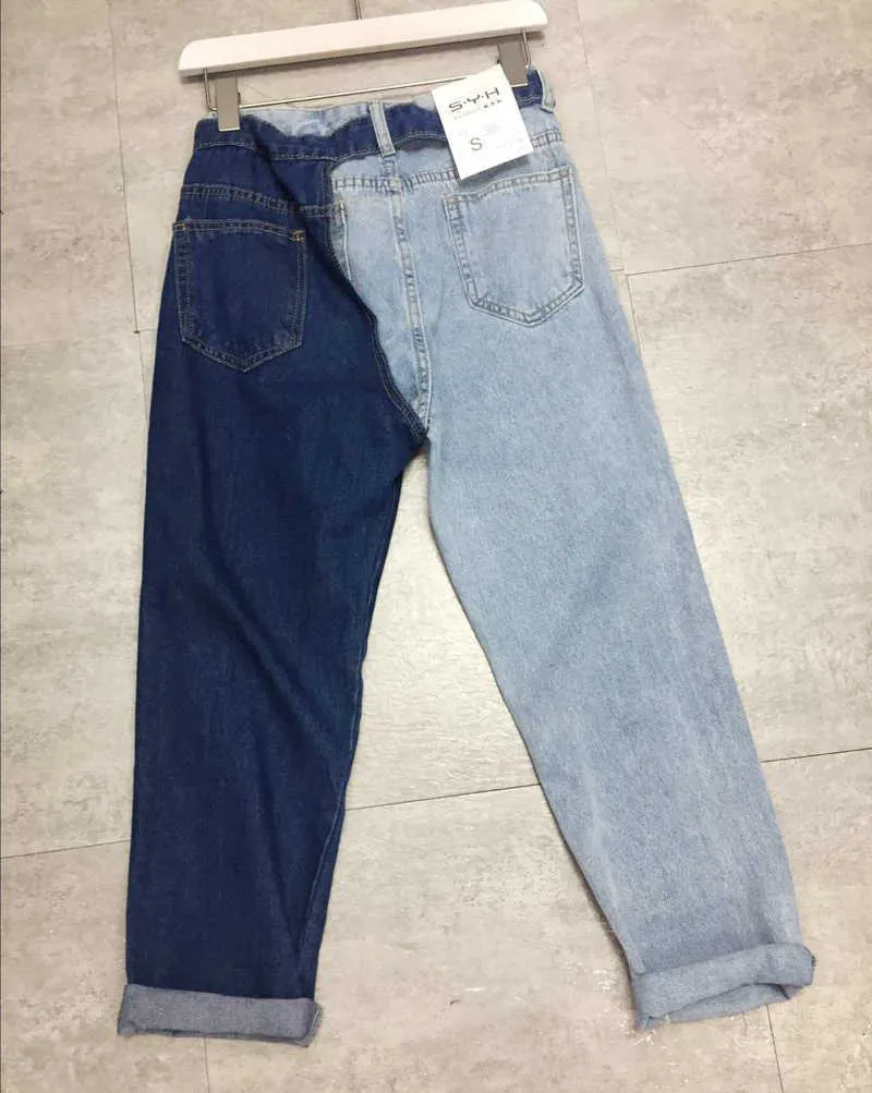 Superraen Fake Två Piece Color Contrast Patchwork Jeans för Kvinnor Lösa brett ben Capris Harem Pants 210922