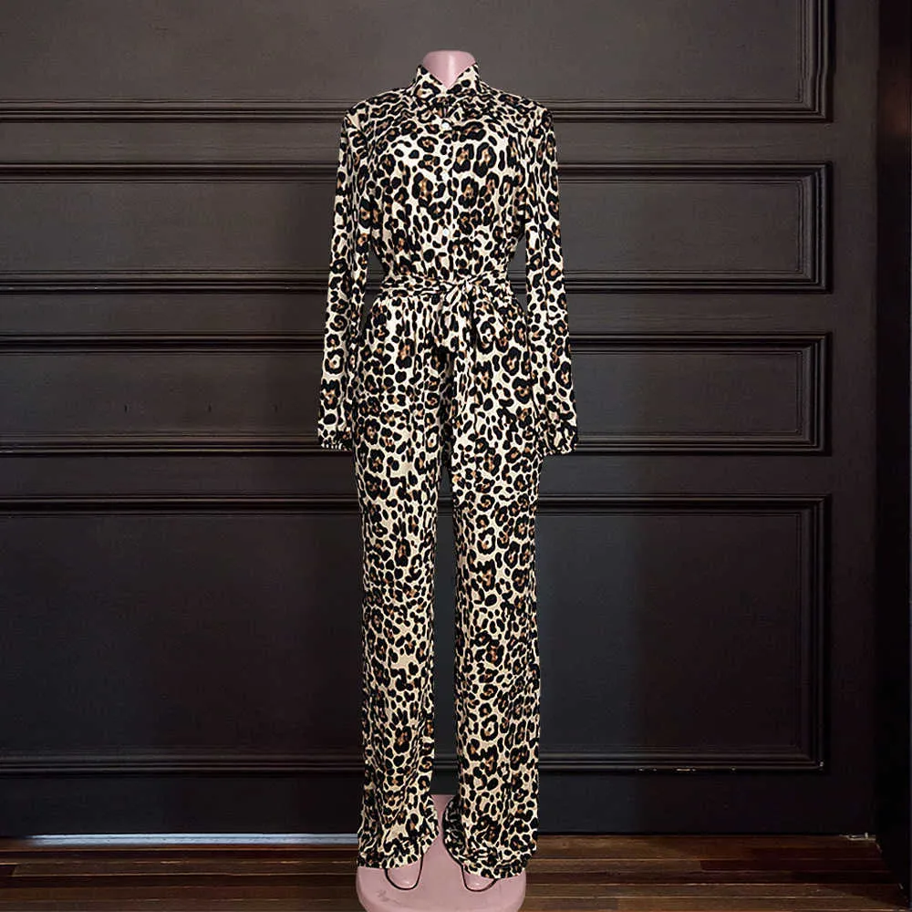 Mono y mamelucos de mujer Otoño Estampado de leopardo Manga larga Pantalones de cuerpo entero Fajas Elegantes Damas Oficina Fiesta XL 210527