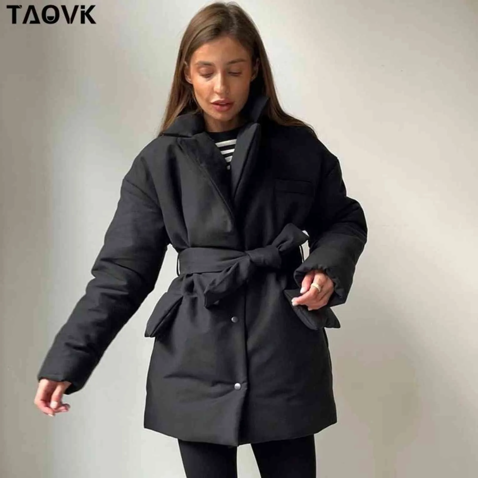 TAOVK Parka corto invernale da donna caldo piumino in cotone femminile casual capispalla allentato cintura cappotto imbottito in cotone 211130