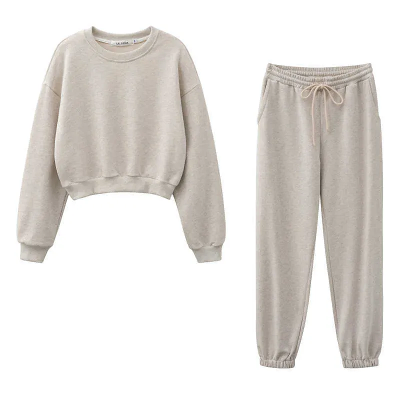 Design Women Fashion Sweatshirt Set Casual Spring Summer Crop Top Pants Pass Cotton 211006