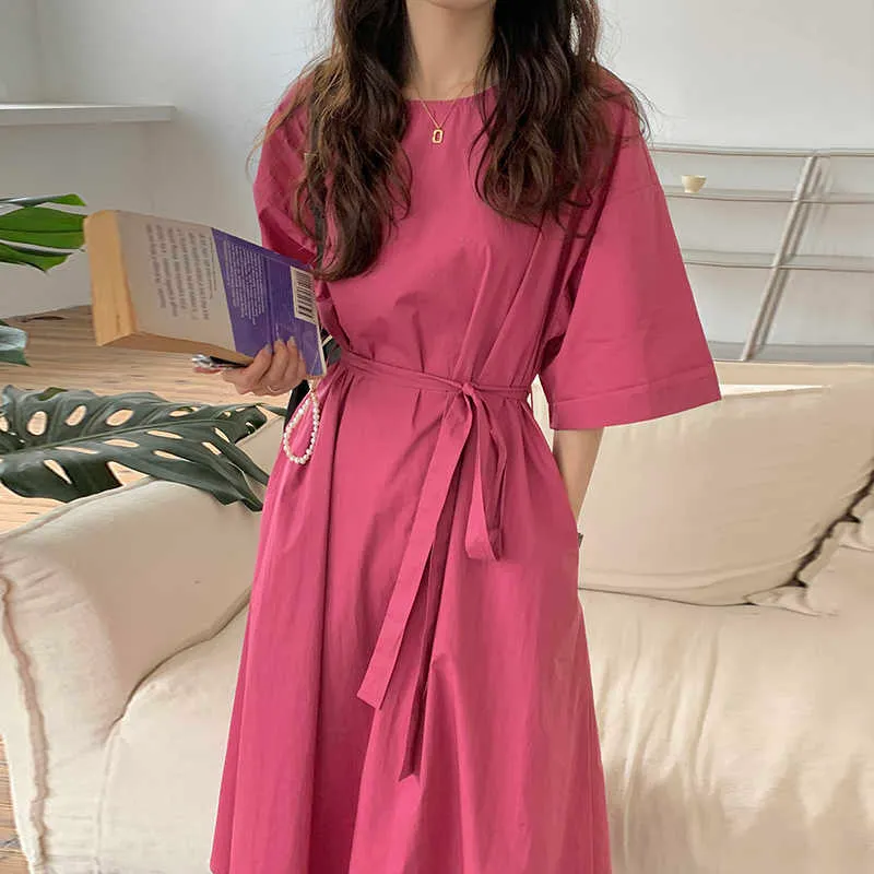 Korejpaa Frauen Kleid Sommer Koreanische Chic Damen Sanfte Rose Rot Rundhals Lose Krawatte Taille Kurzarm Große Schaukel Vestido 210526