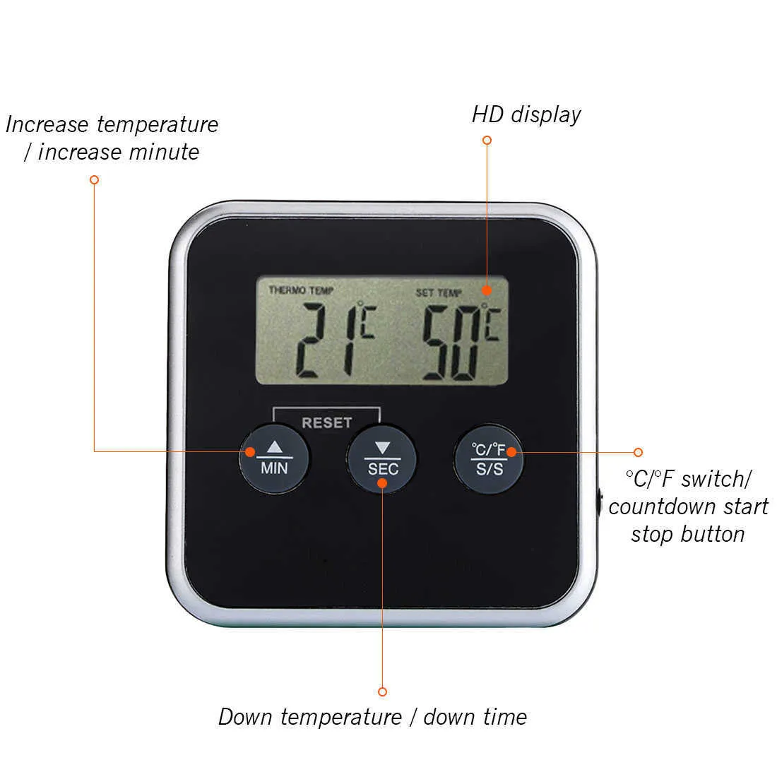 Professionelles Timer-Lebensmittel-BBQ-Fleischthermometer, sofort ablesbares digitales Thermometer mit Fernsonde, Ofentemperaturanzeige, Alarm 210719