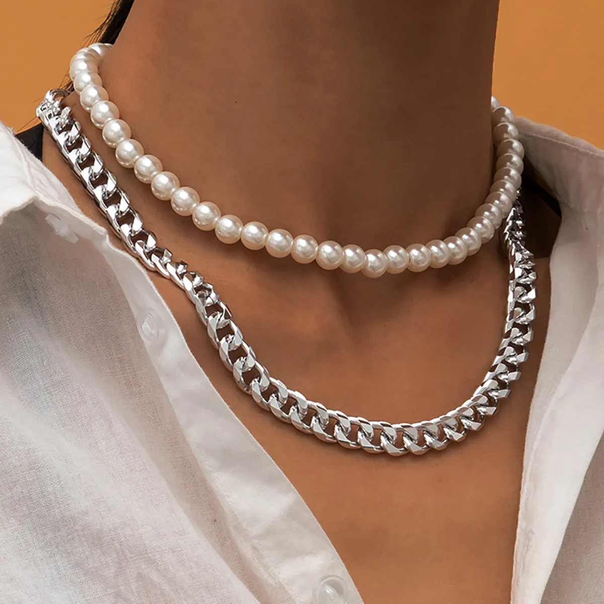 Set da 2 pezzi Hip Hop Collana cubana in acciaio inossidabile con catena di perle gioielli da donna