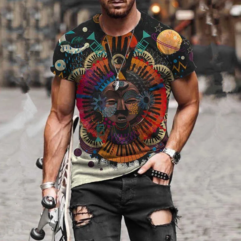 Hommes Vintage surdimensionné à manches courtes t-shirts été mode Harajuku Style ethnique impression 3D O col T-Shirt graphique 210629