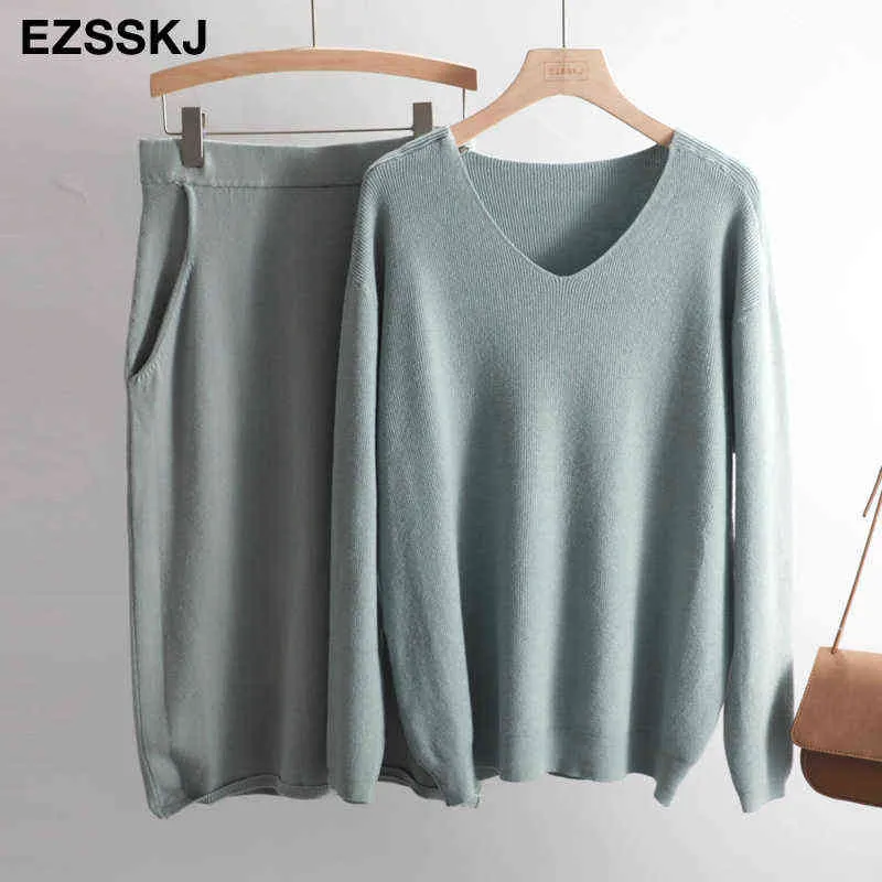 v-neck lazy oversize Sweater suit dress women casual loose sweater +straight skirt with pocket feamle sweater set dress G1214