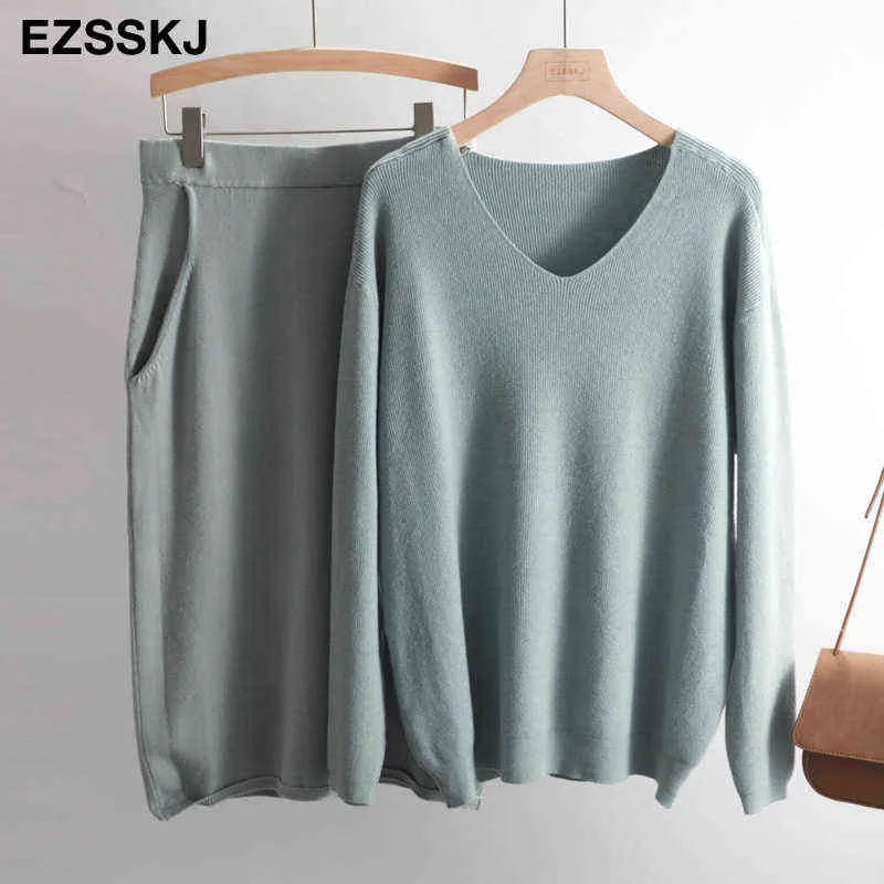 V-Neck Lazy Oversize Tröja Dräkt Klänning Kvinnor Casual Loose Sweater + Rak kjol med Pocket Feamle Sweater Set Dress G1214