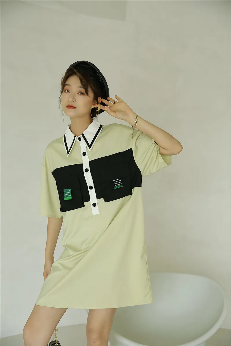 デザイナー緑の緩い夏の襟のシャツのドレスの女性半袖ハーフボタンカラーブロックパッチワーク210427