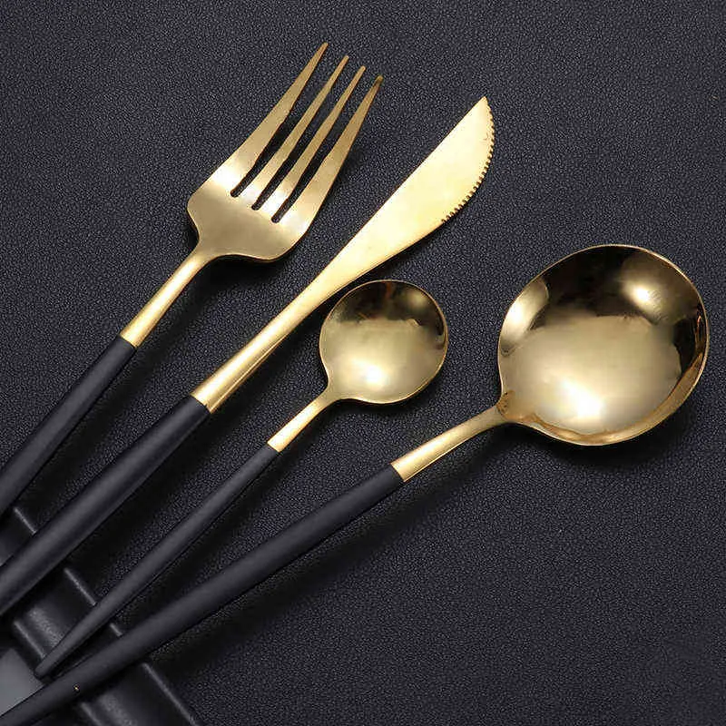 guld dinnerware set rostfritt stål porslin Kniv gaffel sked bestick diskmaskin säkra bestick gaffel 211229