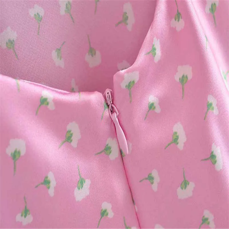 Za robe d'été dos nu femmes imprimé floral rose mini robes bretelles sans manches robe de plage dos zip sexy robes féminines 210602