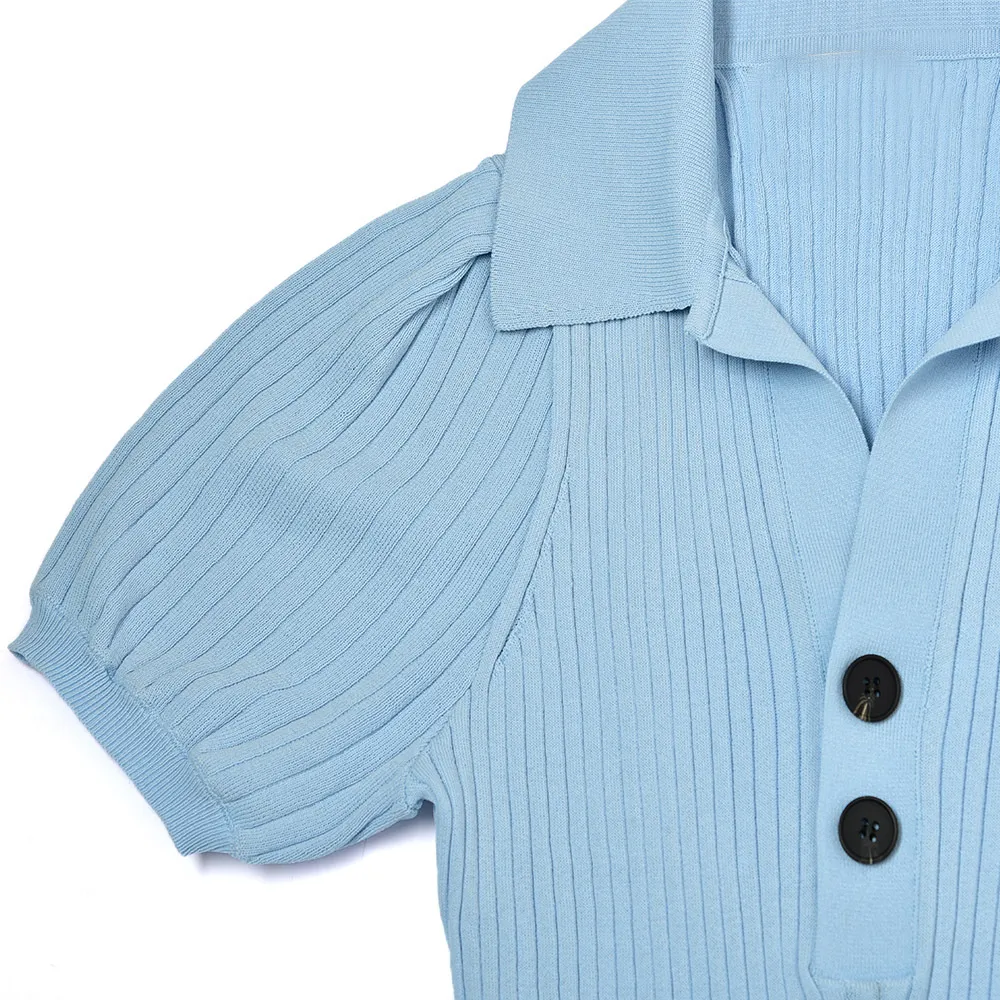 2021 verão outono de manga curta pescoço azul vestido azul cor malha plissado botons Mulheres curtas vestidos de moda g121058