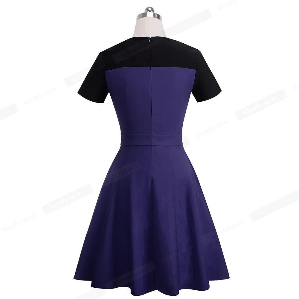 Nice-forever Summer Women Contrast Color Patchwork 1950's Retro Dresses Casual Flare A-line Swing Dress A088 210419