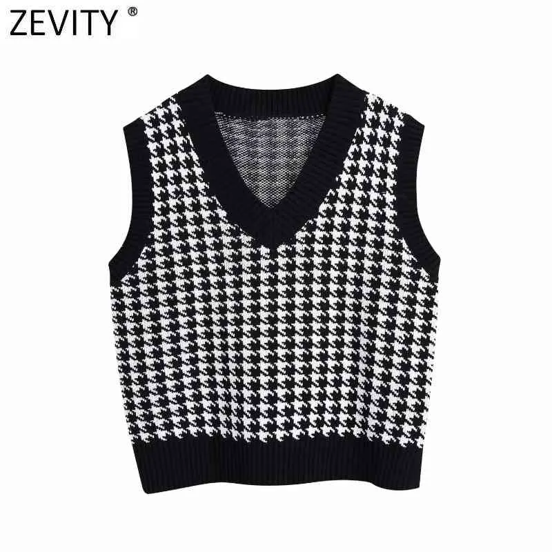 Frauen Vintage V-ausschnitt Houndstooth Print Weste Pullover Weibliche Herbst Ärmellose Patchwork Casual Pullover Chic Tops S527 210416