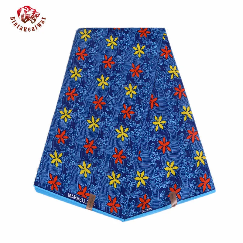 Bintarealwax Africa100% Polyester Wax Prints Fabric 6 YardsRoyal blue Background Red Yellow flower African Material FP6001