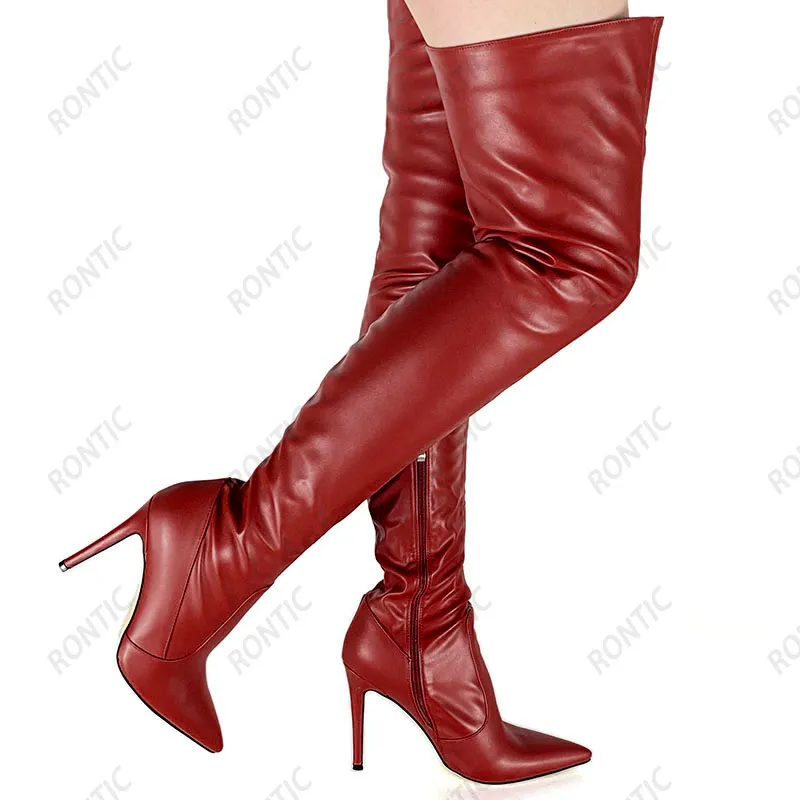 Rontic New Women Winter Thigh Boots Faux Leather Side Zipper Stiletto Heels Pointed Toe Beautiful Red Party Shoes US Size 5-15