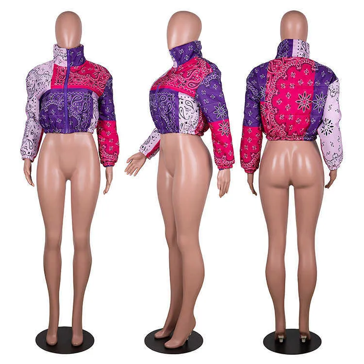 Bandana Plasily National Print Bubble Jacket for Women Winter Fashion Clothes Color Match Warm Parkas Zipper Up Puffer Outerwear 211018