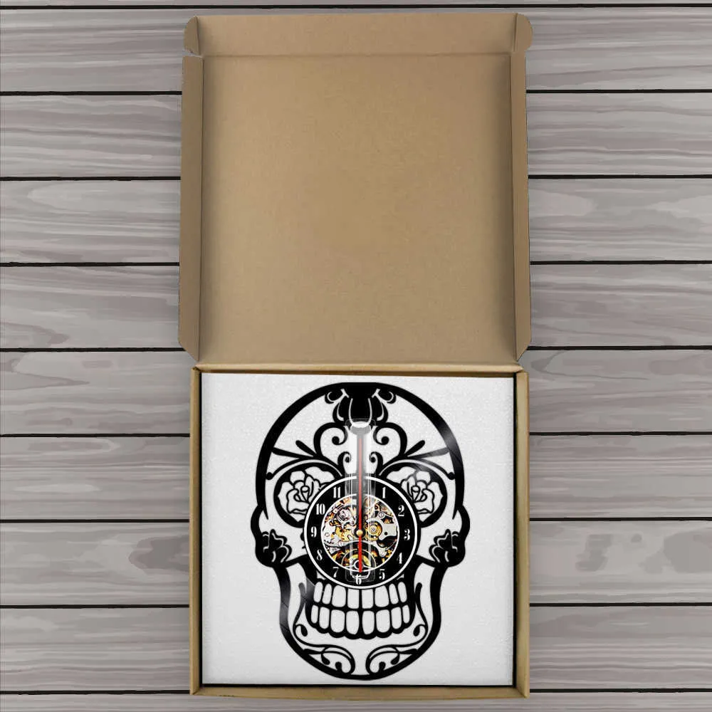 De Day of Dead Dia de los Muerte Mexicaanse schedelrecord wandklok met LED -verlichting Gothic Sugar Skull Watch Home Decor X07266019487