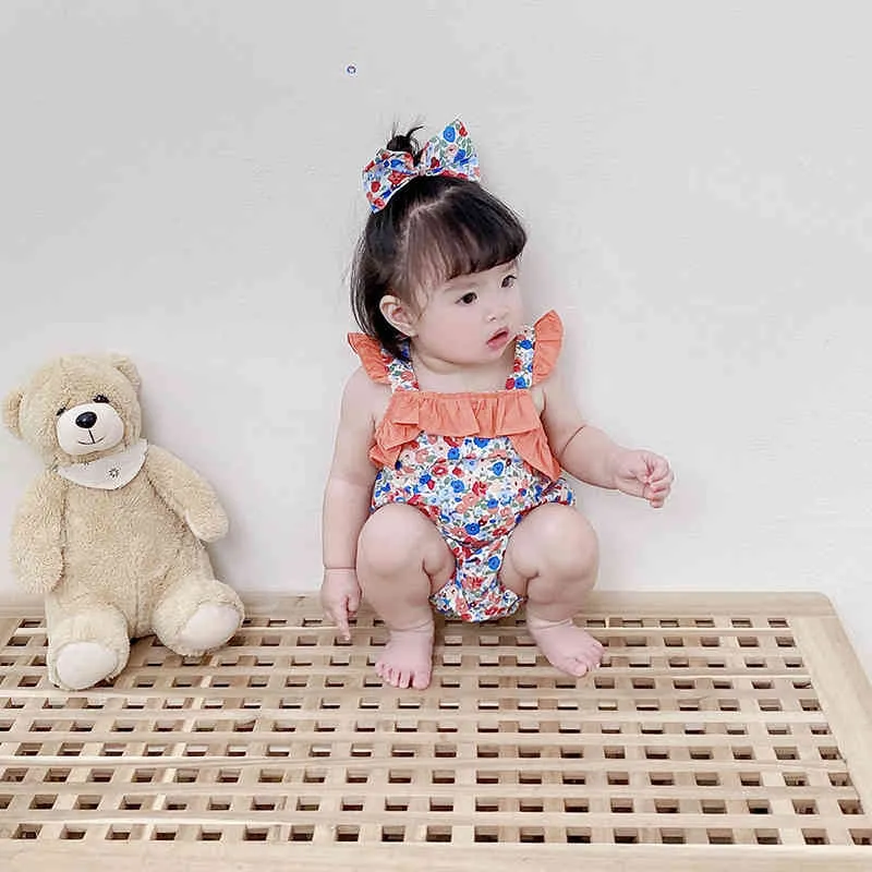 Bebek Kız Yaz Tulum Yay Bandı Toddler Çiçek Baskı Giysi Bebek Ruffles Sevimli Romper Doğan Tulumlar 210429