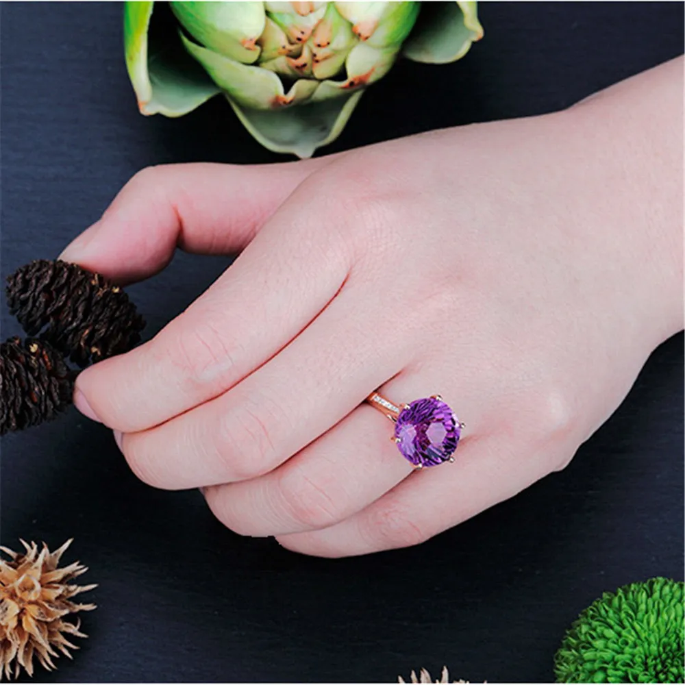 Amethist Stone Crystal Ring voor Dames Engagement Grote edelsteen Sieraden Bruid Luxe 18 K Rose Gold Color Prong Set Diamond Gift
