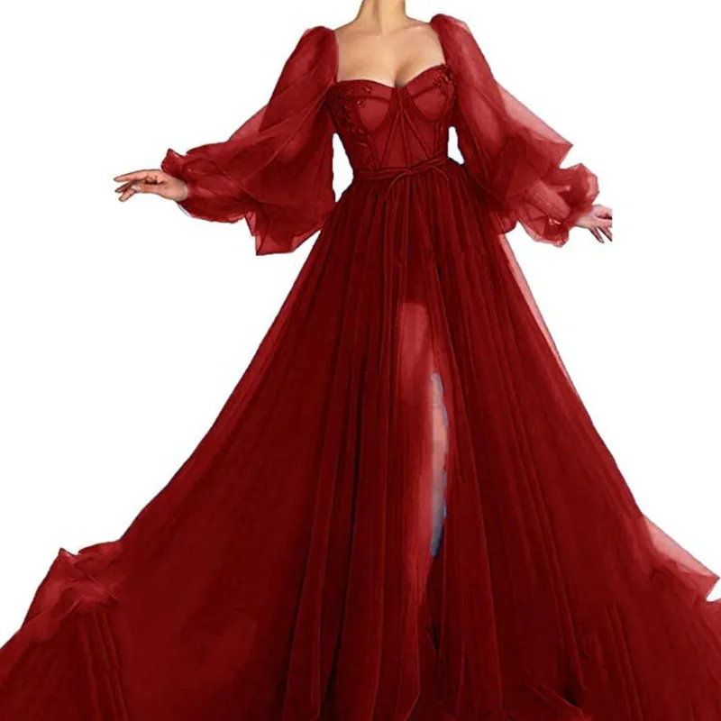 Kobiety Sukienka Rękaw Latarnia Sexy Prom Dresses Long Plus Size Vintage Mesh Black Red 210524