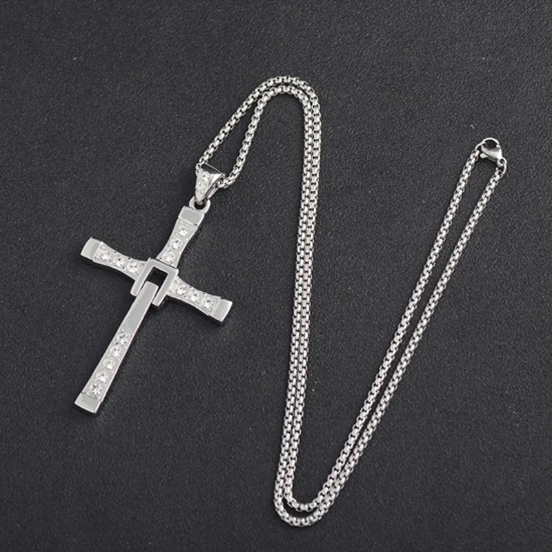 Heren roestvrijstalen hanger ketting The Movie Fast and Furious CZ Crystal Jesus Christian Cross met een Rolo Chain306B