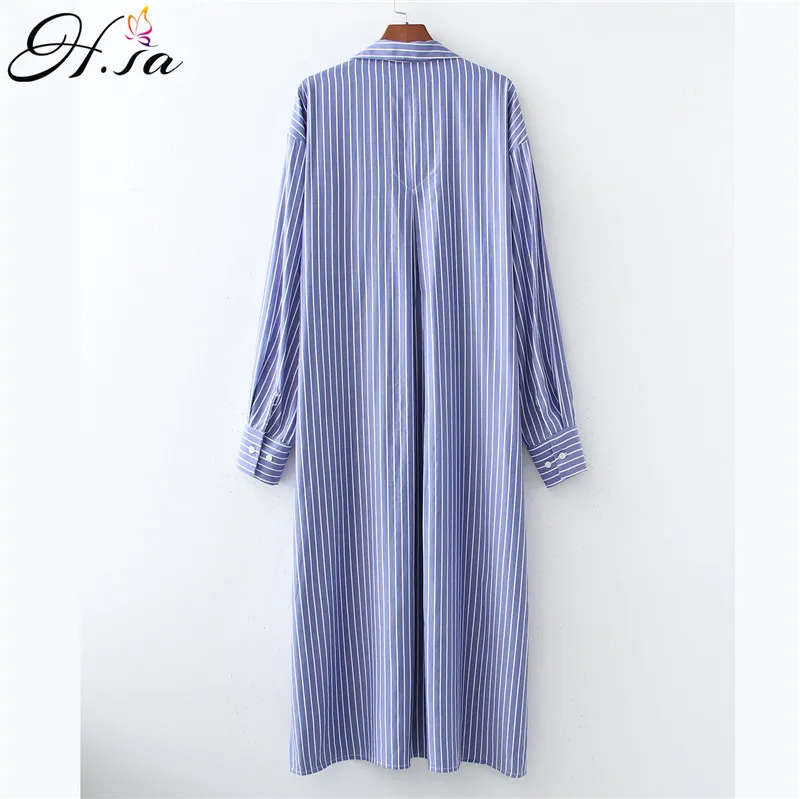 Długa koszula w paski Sukienka dla kobiet Wiosna Koreańskie Casual Kieszenie Luźne Vestidos Split Duże Blue Dresses 210430