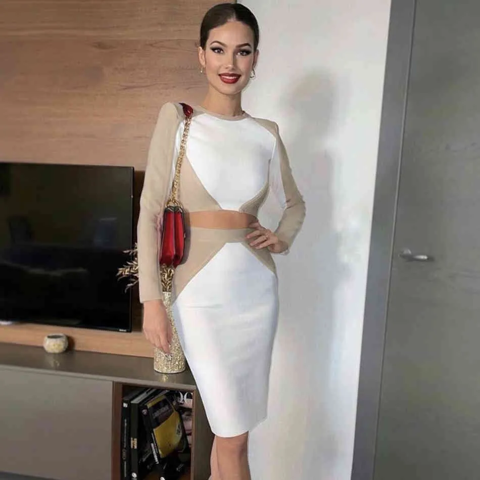 Free Women Style Sexy Patchwork Long Sleeve Two Pieces White Bandage Set Celebrity Designer Fashion Party 210524