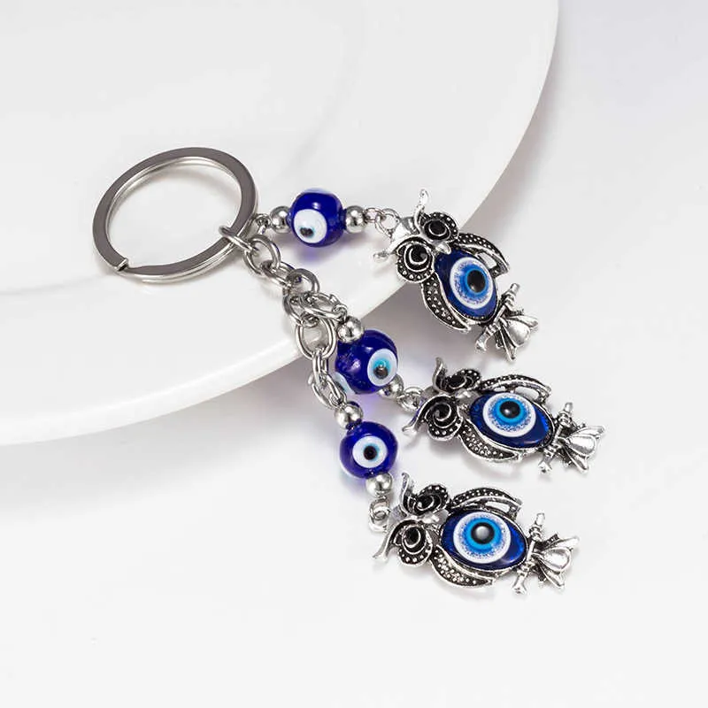 Trendy Owl Blue Evil Eye Porte-clés Porte-clés de voiture Sac à main Charme Pendentif Bijoux Cadeau pour la protection et la bénédiction Accessoires mignons G1019