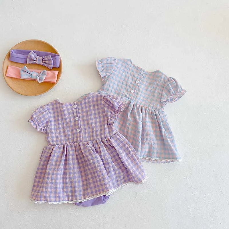 Summer Baby Girl Body Tuta scozzese con copricapo nato Stile carino Abbigliamento bambini E1002 210610