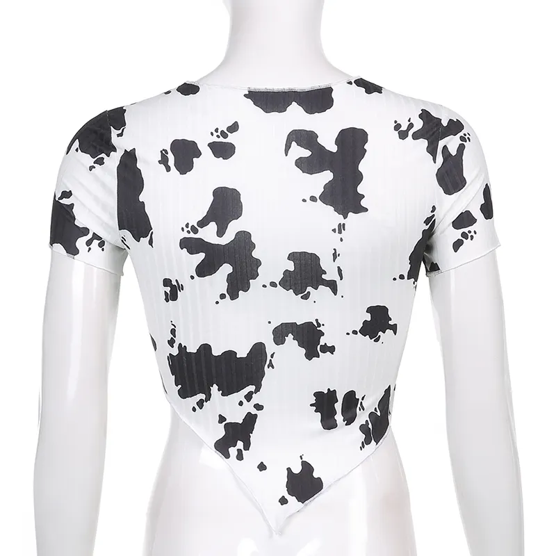 Ribbed mjölkko tryckt oregelbundet Hem Y2K Crop Top Sommar Mode Kvinnors T-shirt för tjejer Tie Dye Kortärmad Tee Shirt 210510