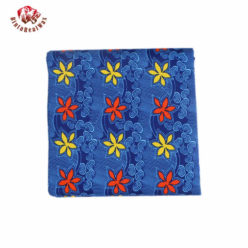 Bintarealwax Africa100% Polyester Vaxtryck Tyg 6 meter / Royal Blue Background Red Yellow Flower African Material FP6001