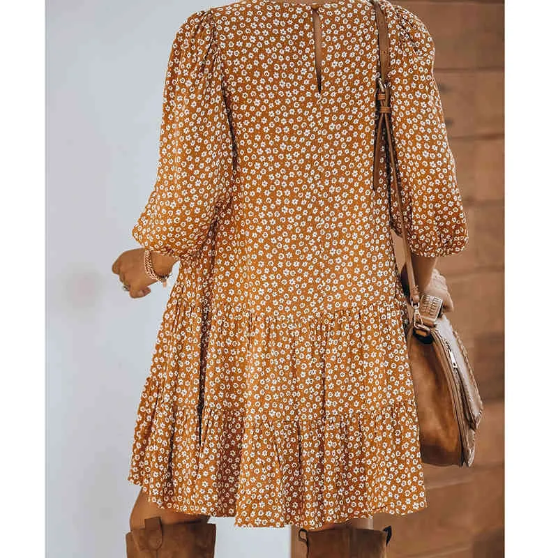 Imprimé floral Boho décontracté robe d'hiver femmes automne Orange courte robe ample Vestidos O cou dames robe Vinatge 210415