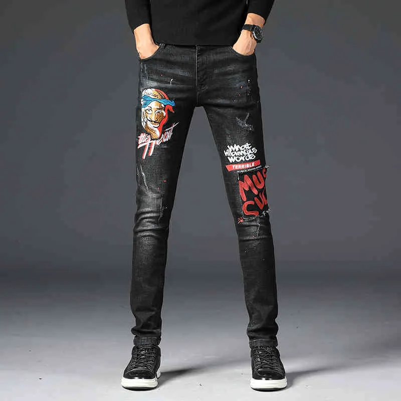 Bordado homens negros jeans padrões fantásticos marca marca magro elástico confortável hiphop calças múltiplos estilos calças 210330