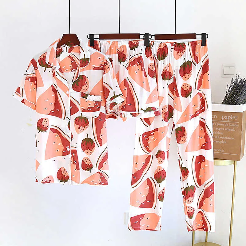 Juillet Viscose Pajama Ensemble Femmes Pyjamas Casual Handle Sleeve Sleepwear imprimé Summer Pyjama Shorts Femme Homewear 210809