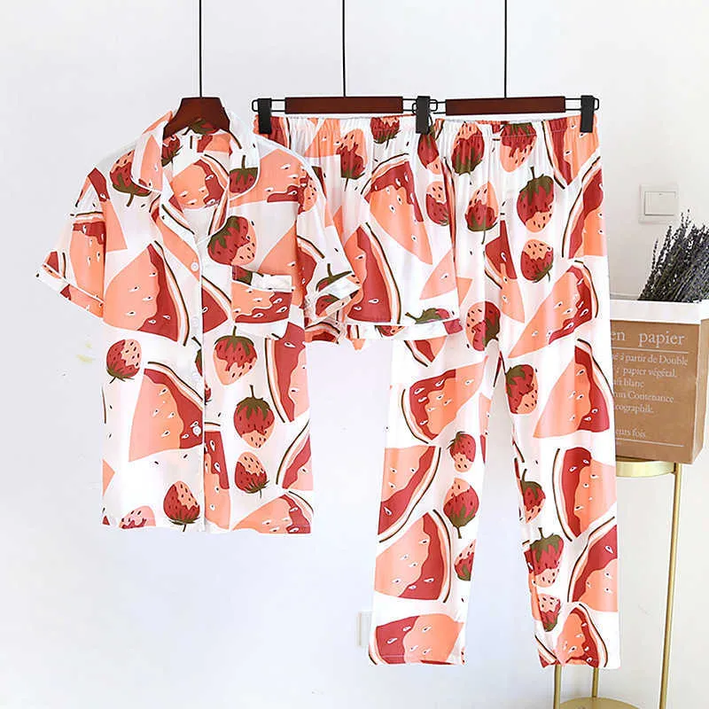 Lipiec Piosenka 3 Sztuk Wiskoza Piżama Zestaw Kobiety Piżamy Casual Z Długim Rękawem PIJELEW Printed Summer Pajama Spodenki Kobiet Homewear 210809