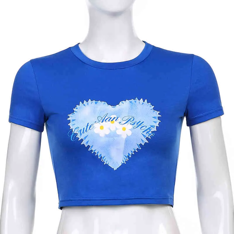 Цветочное сердце Печать Y2K Симпатичные Урожай для Девочек Женская Футболка с Коротким Рукавом Летние Kawaii O-Hee Повседневная Синяя TEE Рубашка 210510
