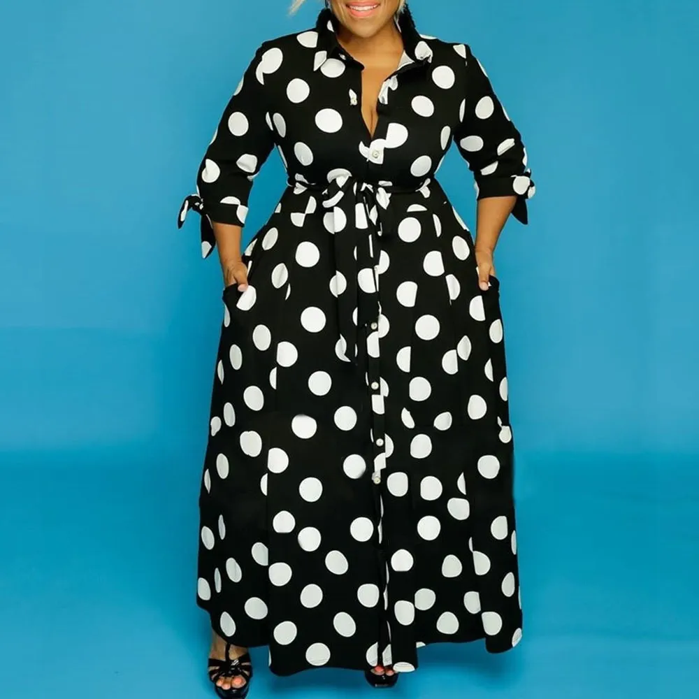 Kvinnor gul polka dot tryckta klänningar vintage retro med sashes plus storlek damer afrikansk mode kvinnlig hög midja sommar kläder 210416