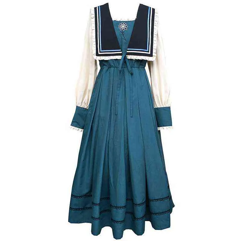 HOUZHOU Elegant Vintage Dress Women Patchwork Long Sleeve Dress Retro Court Style Navy Collar Spring Autumn Mori Girl Robe Y1204