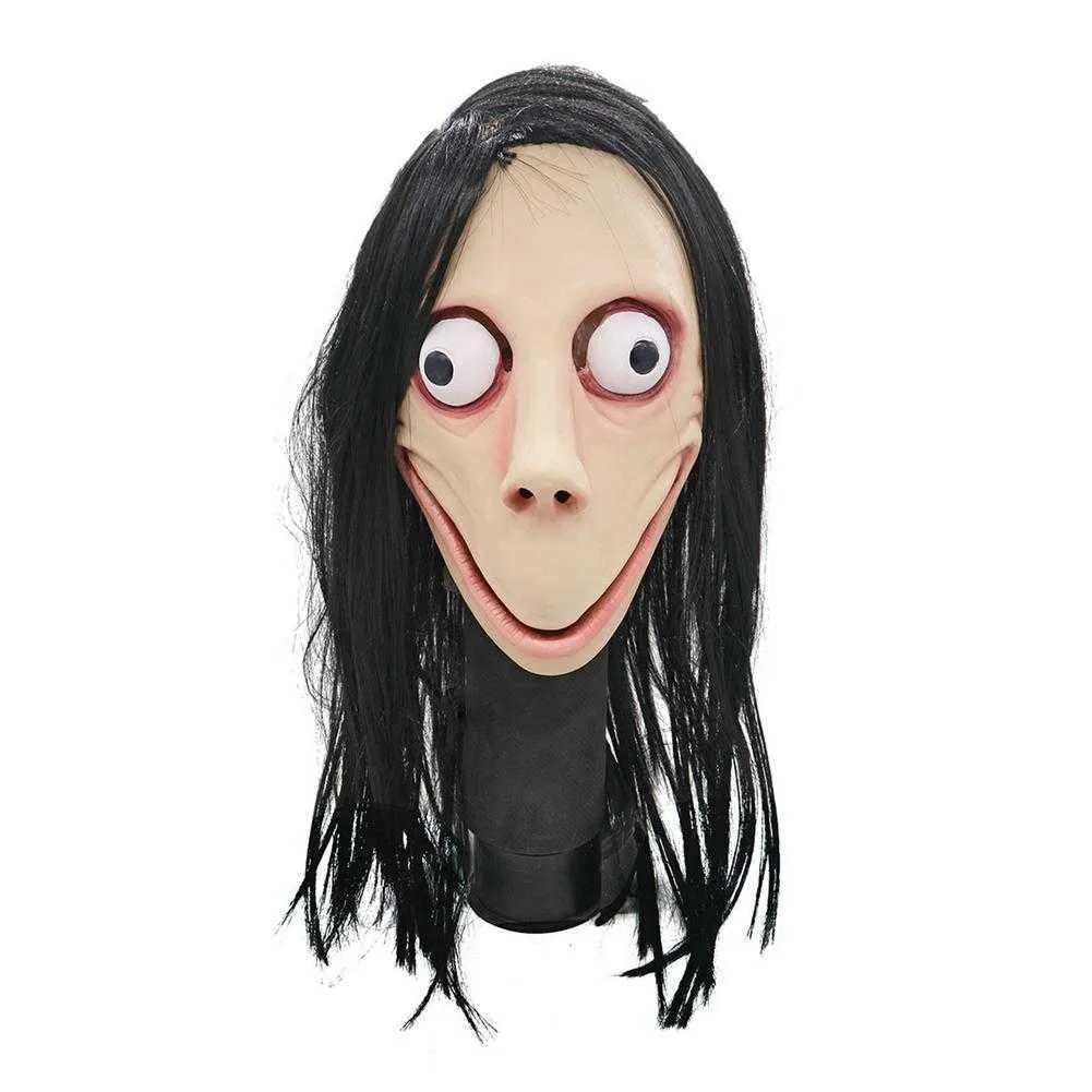 Zabawna przerażająca gra hakująca maska ​​cosplay dla dorosłych pełna głowa Halloween Ghost Momo lateksowa maska ​​z perukami duże oczy i długie peruki Y09131528609
