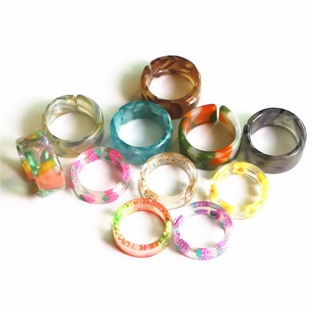 2021 20 pièces coloré Transparent résine acrylique strass géométrique carré rond anneaux ensemble pour femmes bijoux voyage cadeaux