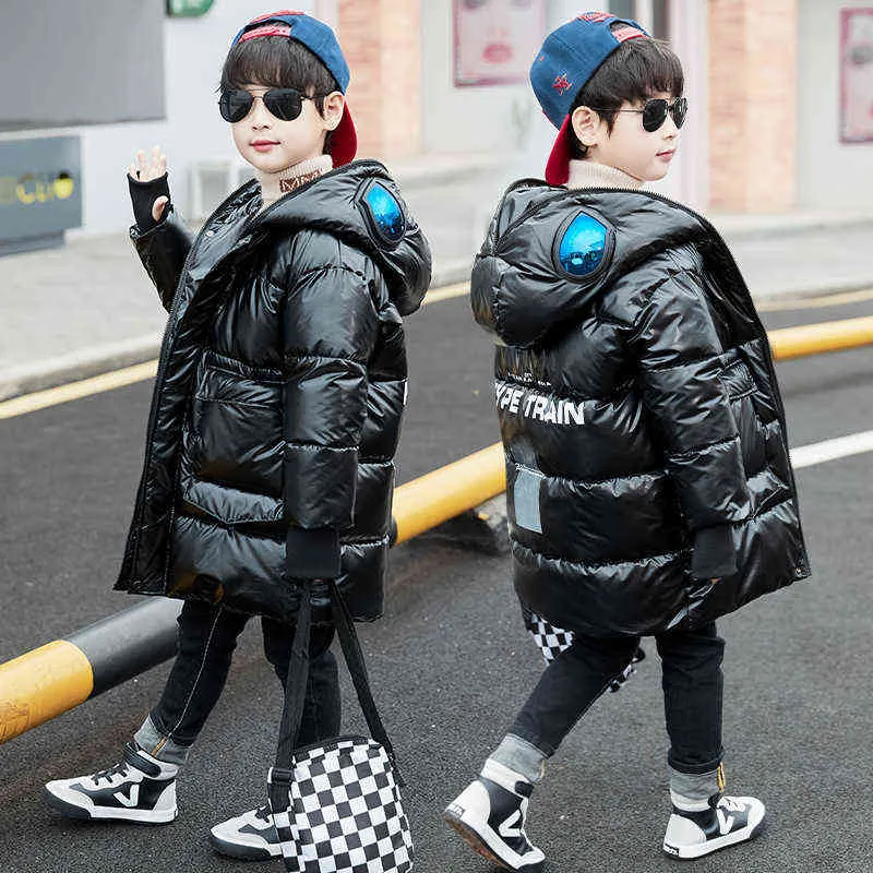 Meninos Parker Inverno Algodão Down Jacket Big Thils Gluss Coat Mid-Length Miúdos Miúdos Couro Brilhante Roupas 211203