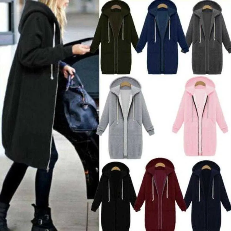 Womens 2021 Autumn Winter Zip Hooded Sweatshirt Lady Long Sleeve Hoodie Casual Jumper Coat Jacket Trench Coat Women Windbreaker Y0820