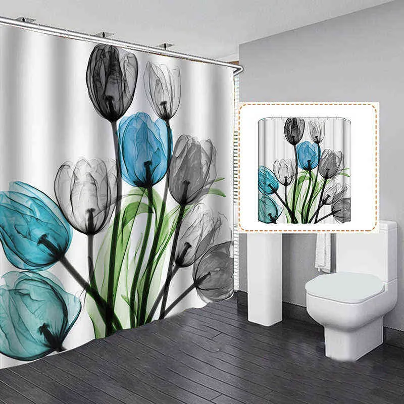 Tenda da doccia con motivo floreale a tulipano Tenda da doccia bagno Tessuto in poliestere Tenda da bagno con stampa 3D con ganci Decorazioni il bagno di casa 211116