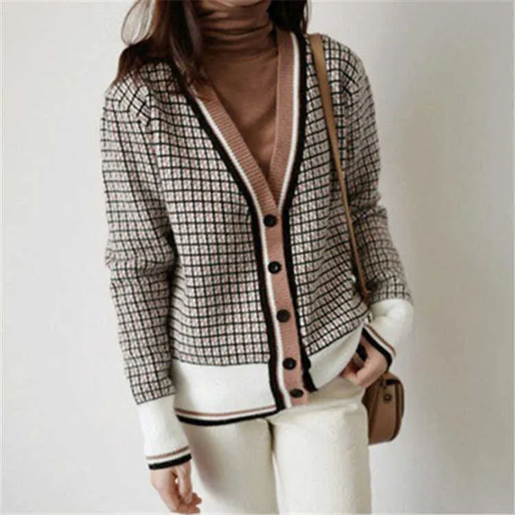 Colorfaith Winter Spring Dames Sweaters Plaid Modieuze Koreaanse stijl Geruit breien Oversize Vesten SWC291 210806