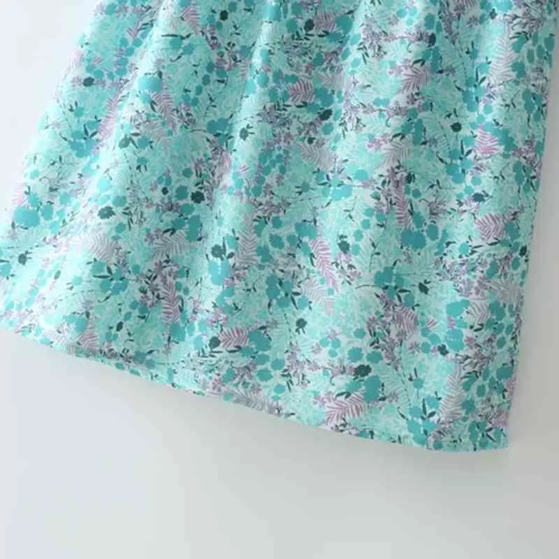 Sommar kvinnor tillbaka spets upp tryckt mini klänning kvinnlig o neck puff ärm kläder casual lady lös vestido d7782 210430